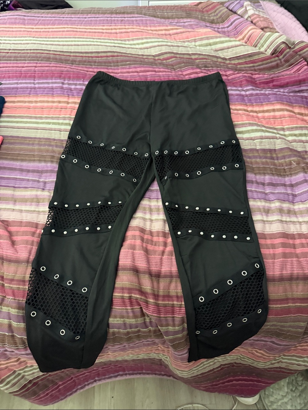 Women’s Black Mesh Panel Eyelet Pants